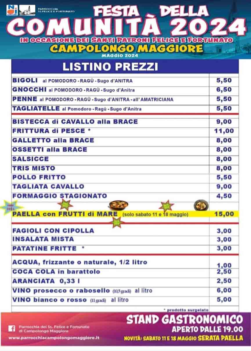 Menù della Festa della Comunità di Campolongo Maggiore
