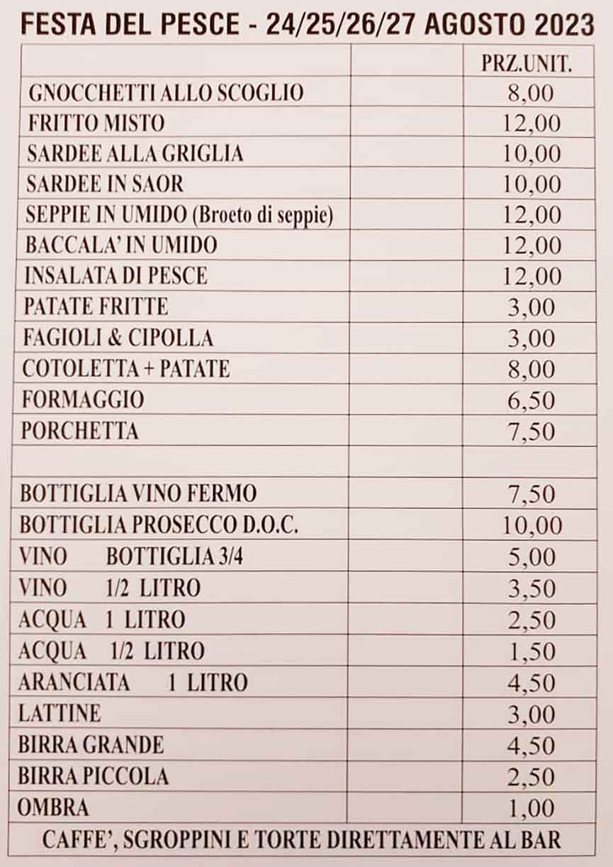 Menù della Festa del Pesce Sansonessa (Caorle)