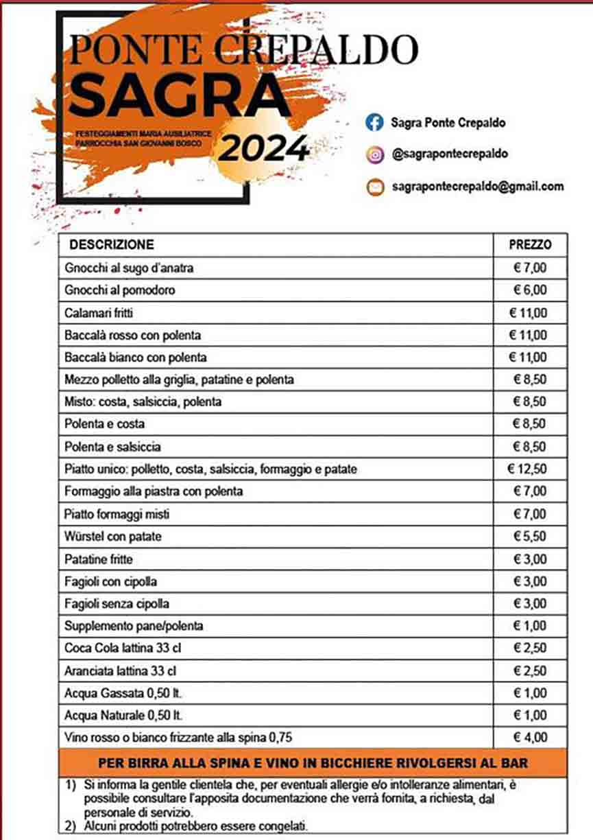 Menù Sagra di Ponte Crepaldo Eraclea