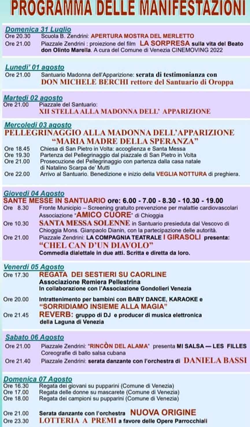 Programma della Festa della Madonna dell'Apparizione Venezia