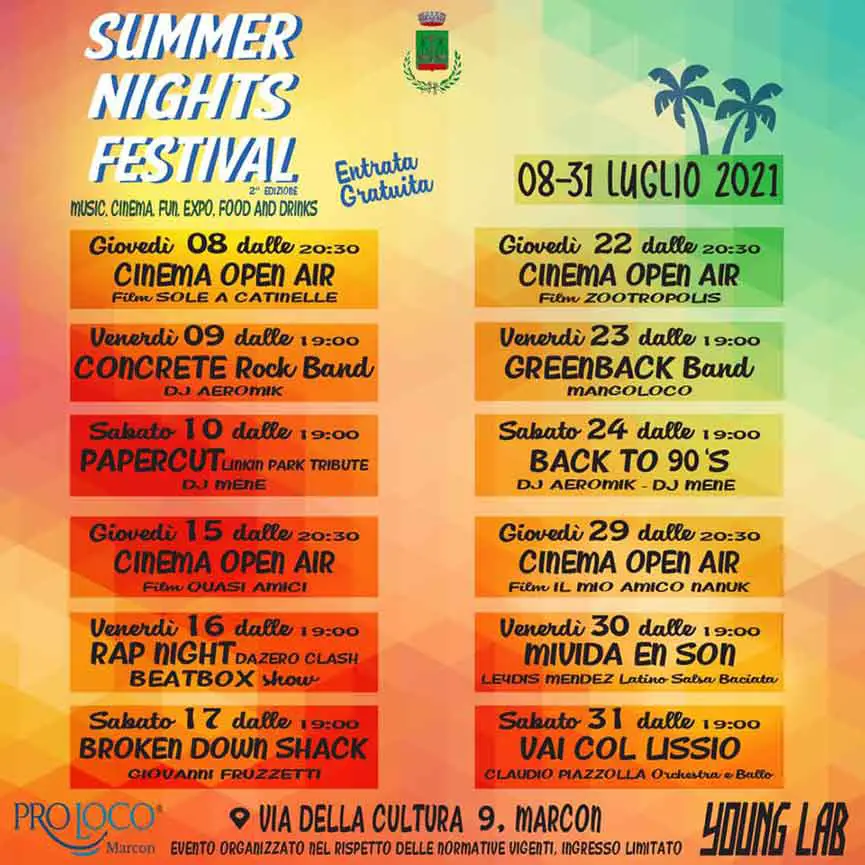 Summer Nights Festival Marcon 2021 programmazione, programma, film