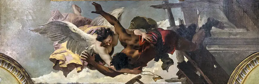 Giovane muratore che sta precipitando da un’impalcatura e viene sorretto con gesto materno da un angelo che tiene nella mano lo Scapolare Tiepolo Venezia