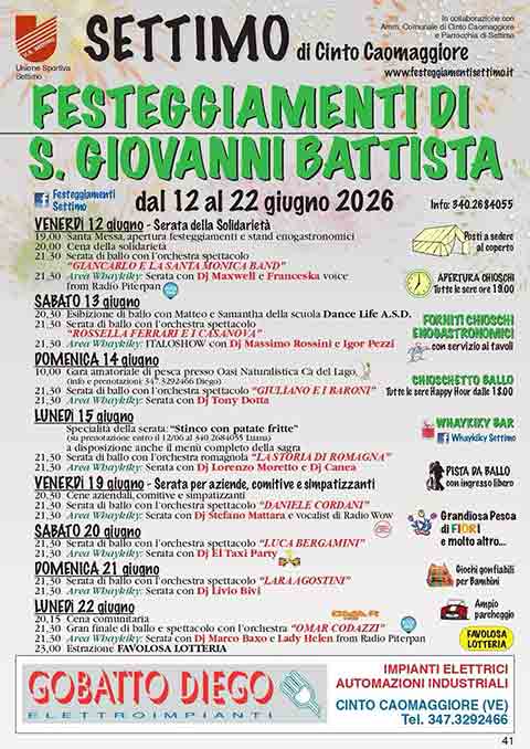 Programma della Festeggiamenti di San Giovanni battista 2026 a Settimo